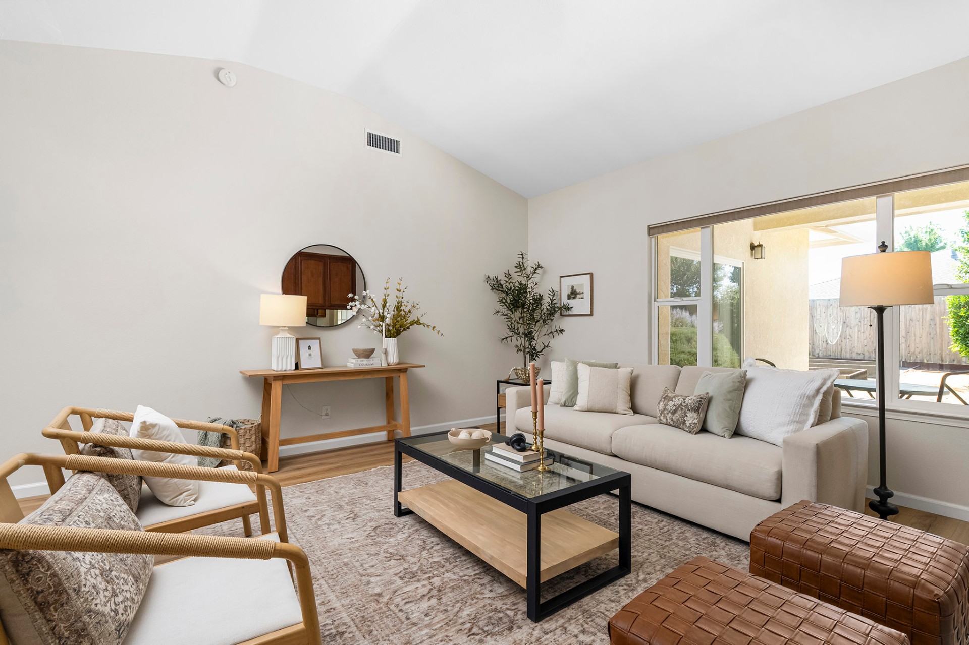 Light-filled living room with vaulted ceiling